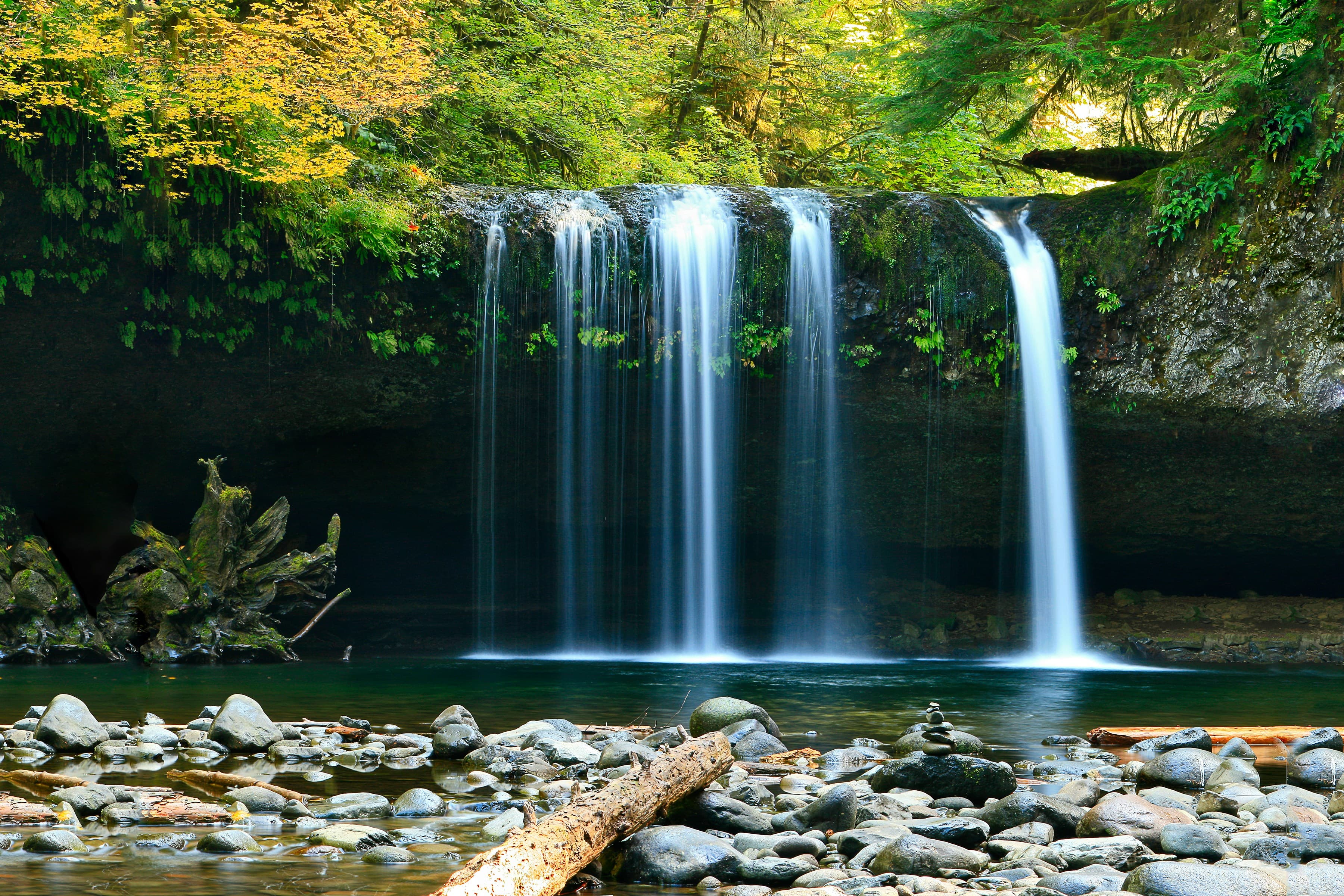 Waterfalls tumbling through green rainforest