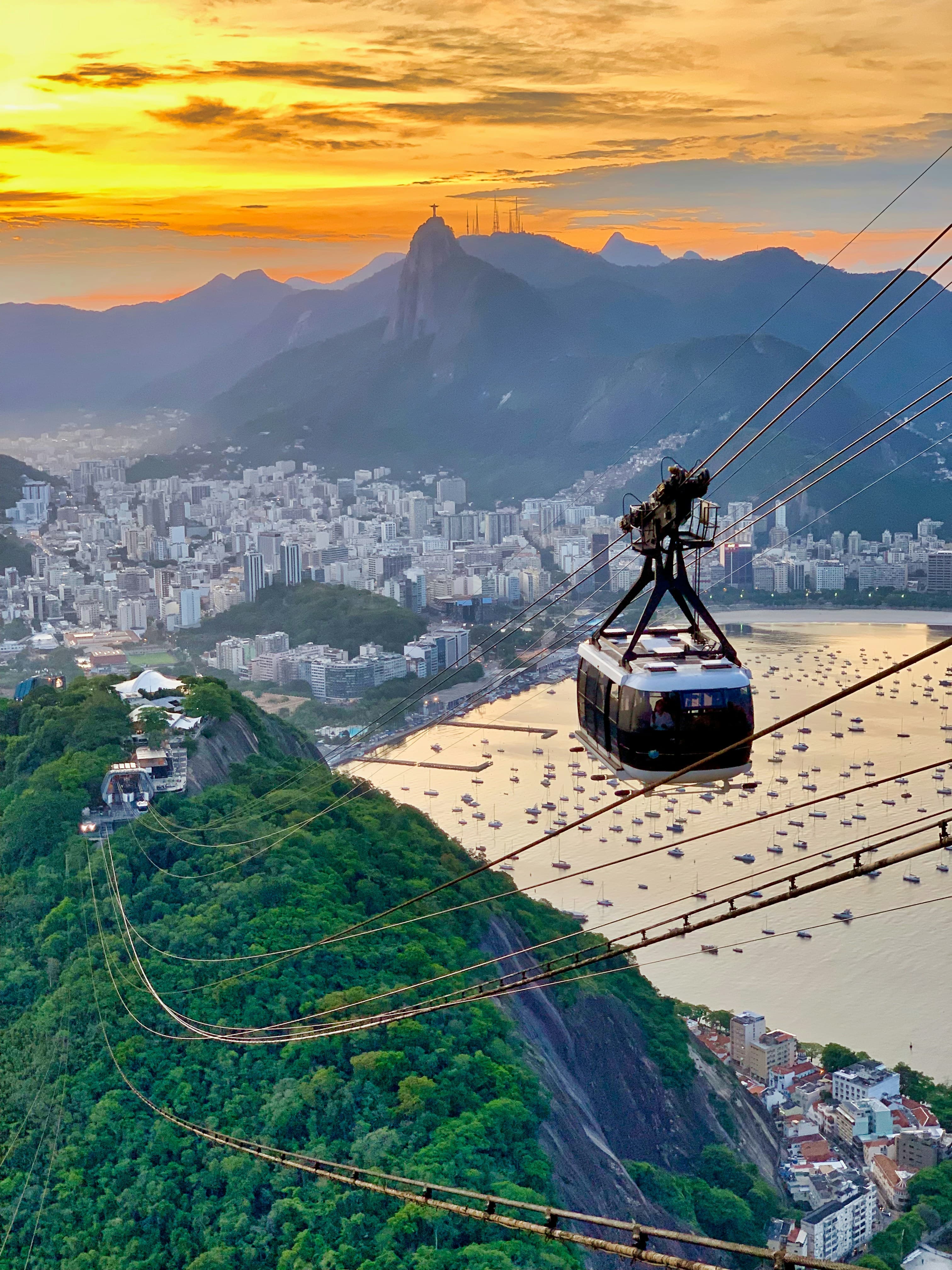 Sugarloaf Mountain cable car above Rio de Janeiro at dusk