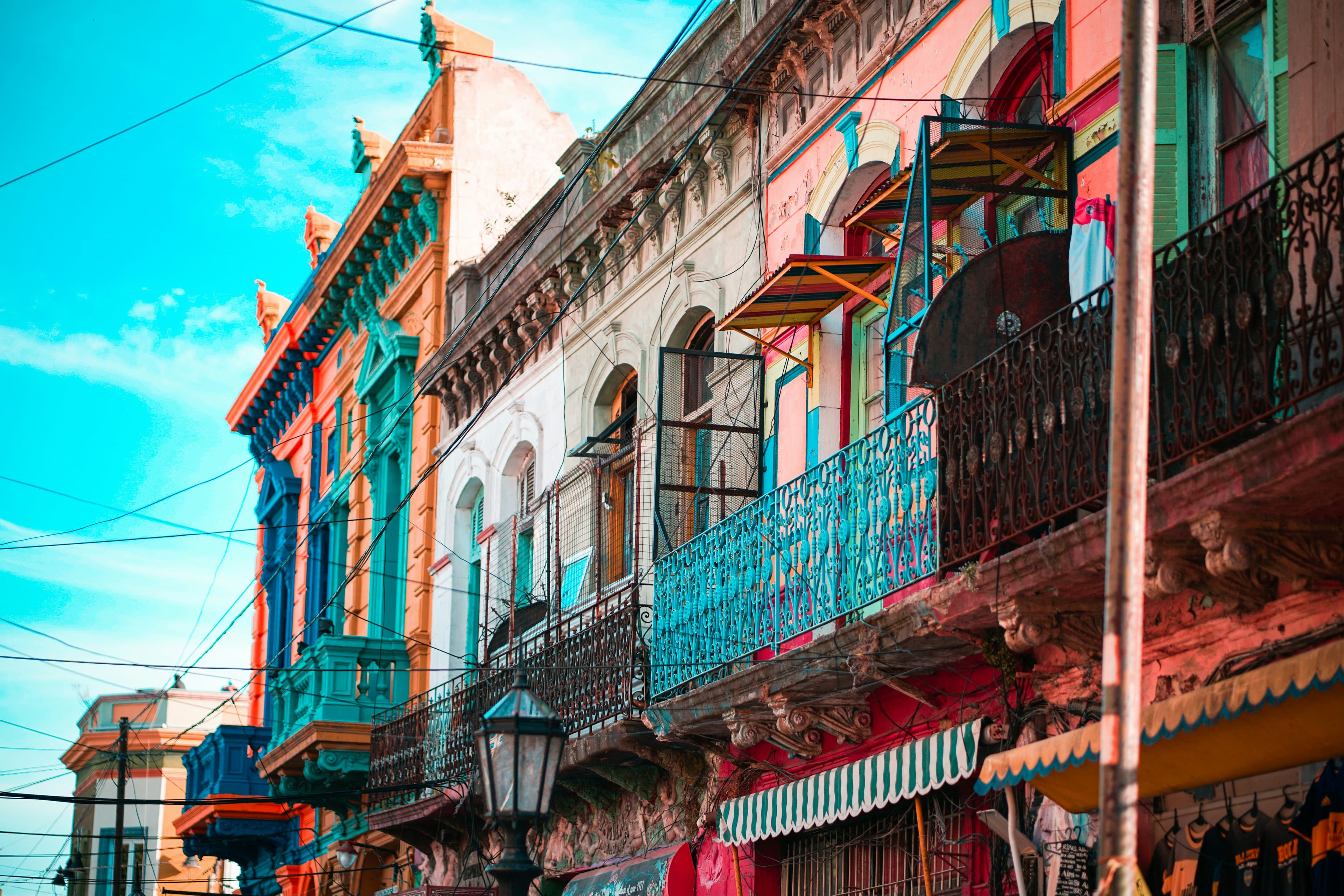 Brightly painted balconies along Caminito in La Boca, Buenos Aires